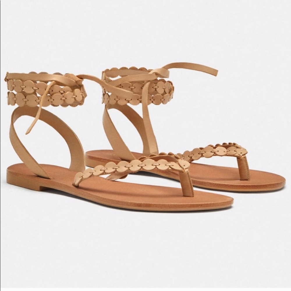 Zara Flat Ankle Wrap Leather Sandals